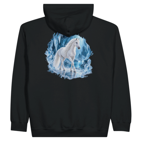Weiße Stute in der Kristall-Eishöhle – Zip-Hoodie mit Rückendruck