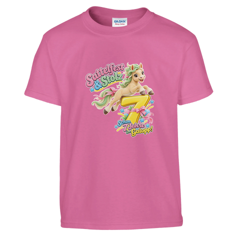Sattelfest und Stolz (7 Jahre) – Kinder-T-Shirt