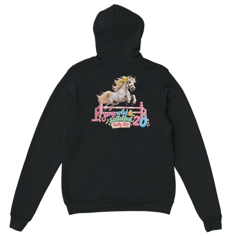 Jung, wild und sattelfest! – Hoodie mit Rückendruck