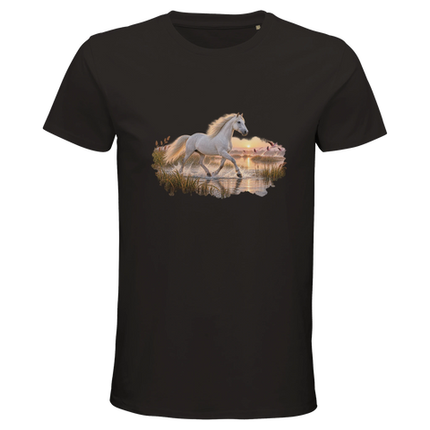 Camargue-Pferd im Flamingo-Marschland – Bio-T-Shirt Herren