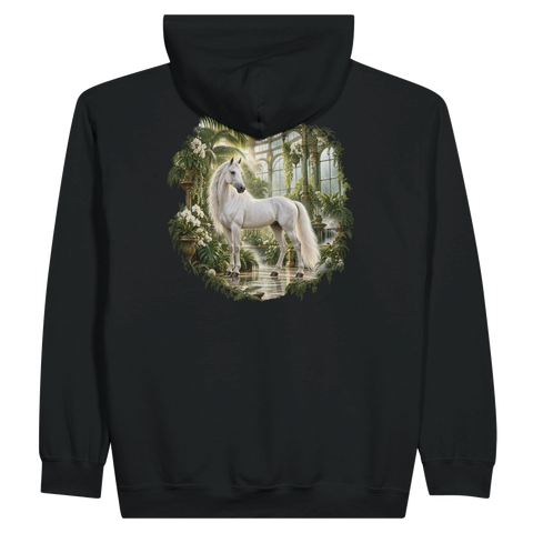 Weißes Pferd im viktorianischen Glashaus – Zip-Hoodie mit Rückendruck