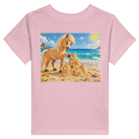 Strandpony mit Sandburg – Kleinkind-T-Shirt