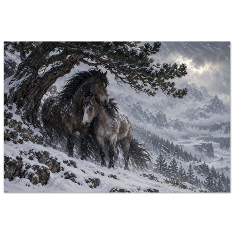 Zwei Pferde im Schneesturm – Kunstdruck 60×90 cm
