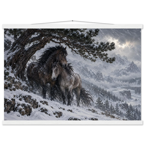 Zwei Pferde im Schneesturm – Poster mit Leisten 50×70 cm
