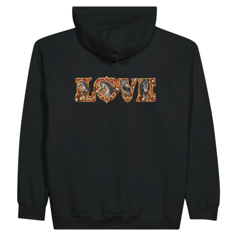 Love – Andalusier in Rubinrot – Zip-Hoodie mit Rückendruck