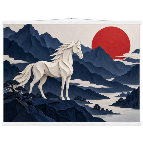 Papierpferd vor roter Sonne – Poster mit Leisten 75×100 cm