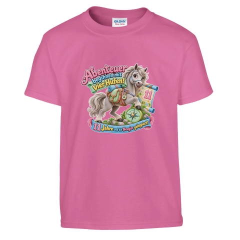Abenteuer beginnen mit vier Hufen! (11 Jahre) – Kinder-T-Shirt