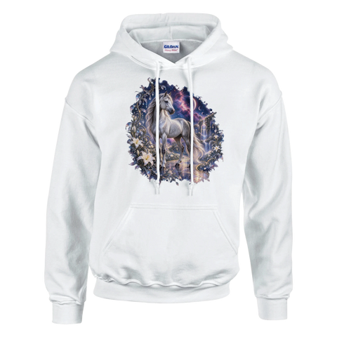Silberpferd im kosmischen Liliengarten – Hoodie