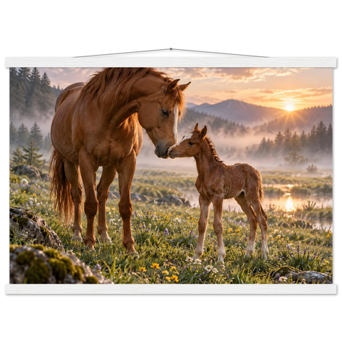 Stute und Fohlen im Morgennebel – Poster mit Leisten 50×70 cm