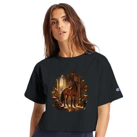 Braunes Pferd in der magischen Bibliothek – Crop-Top