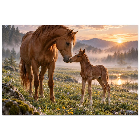 Stute und Fohlen im Morgennebel – Kunstdruck 60×90 cm