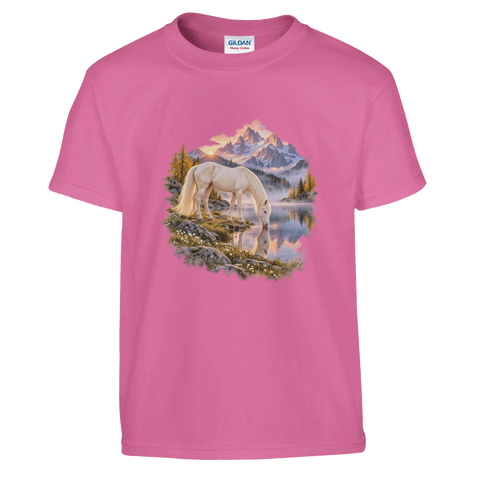 Cremello am Alpensee im Morgengrauen – Kinder-T-Shirt