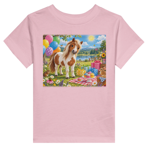 Geburtstagspony auf der Wiese – Kleinkind-T-Shirt