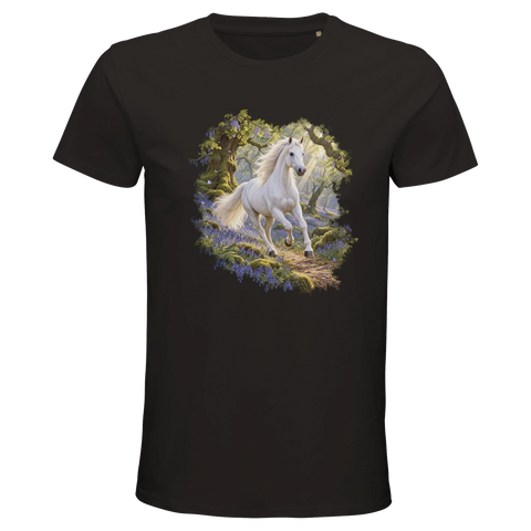 Weißes Pferd im Glockenblumenwald – Bio-T-Shirt Herren