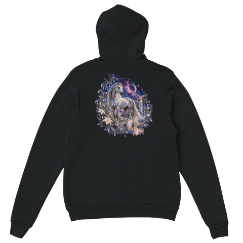 Silberpferd im kosmischen Liliengarten – Hoodie mit Rückendruck