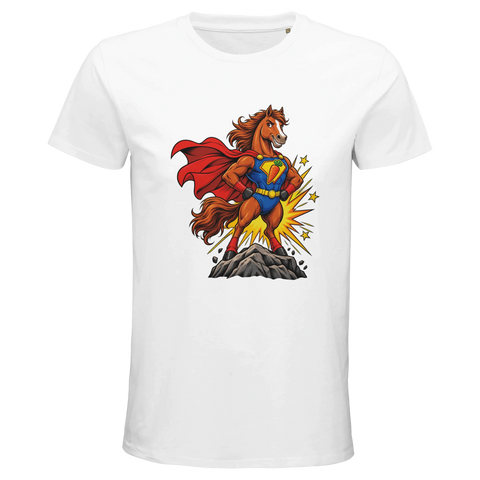Superhelden-Pferd mit Möhren-Emblem – Bio-T-Shirt Herren