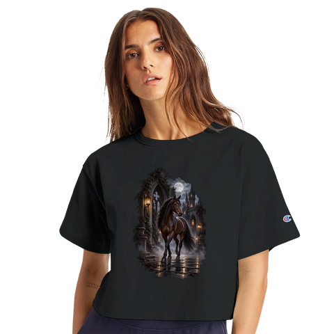 Dunkelbraunes Pferd im gotischen Burghof – Crop-Top