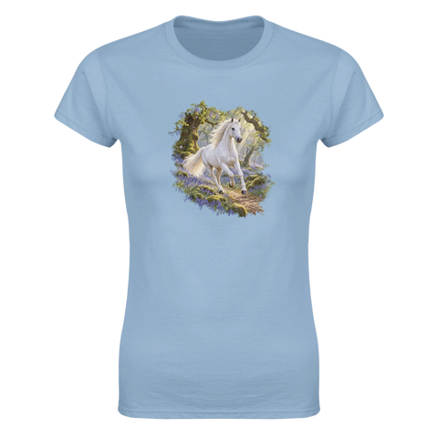Weißes Pferd im Glockenblumenwald – Damen-T-Shirt