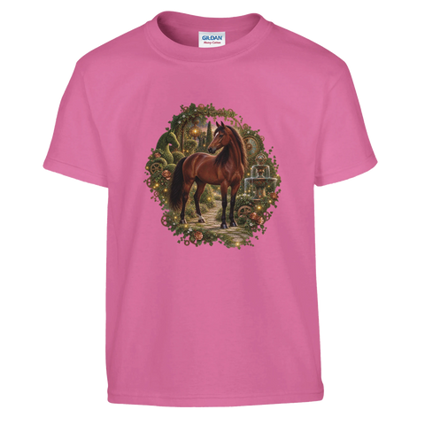 Braunes Pferd im Uhrwerkgarten – Kinder-T-Shirt