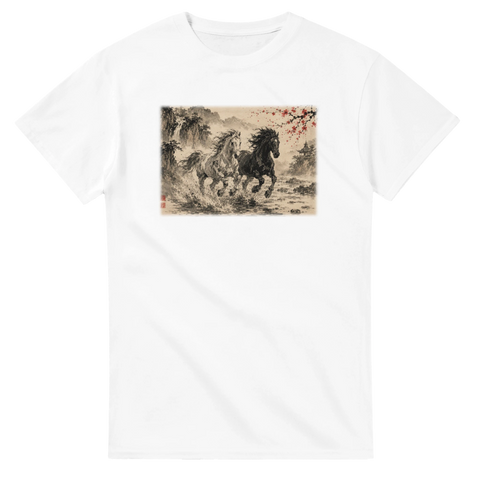 Tuschepferde im Kirschblütental – T-Shirt