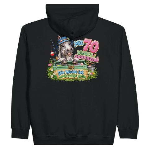 Mit 70 bleibt's spannend – Zip-Hoodie mit Rückendruck