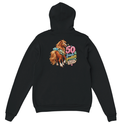50 und frisch gesattelt – Hoodie mit Rückendruck