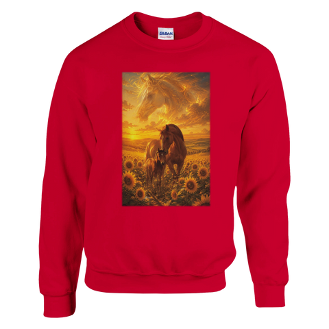 Mutter und Fohlen im Sonnenblumenfeld – Pullover