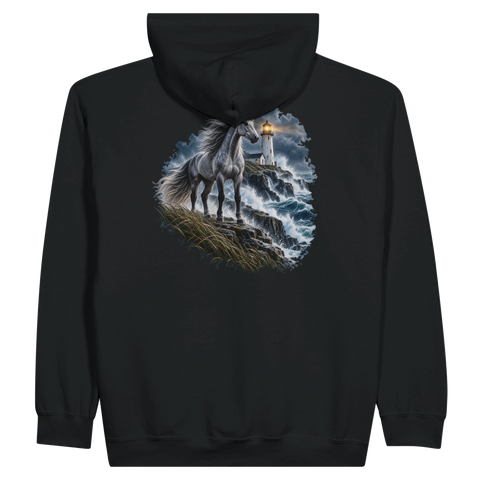 Grauschimmel am Leuchtturm im Sturm – Zip-Hoodie mit Rückendruck