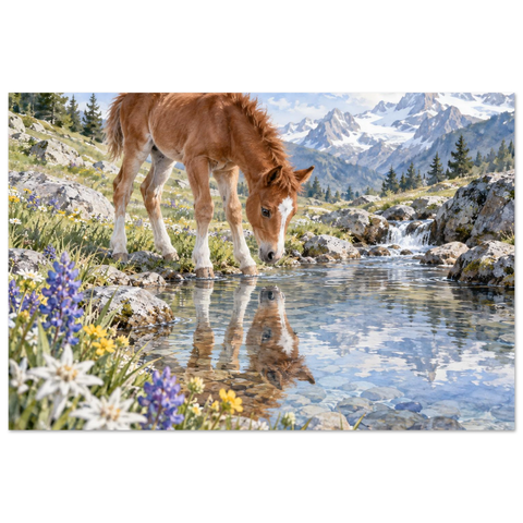 Fohlen am Bergbach – Kunstdruck 60×90 cm
