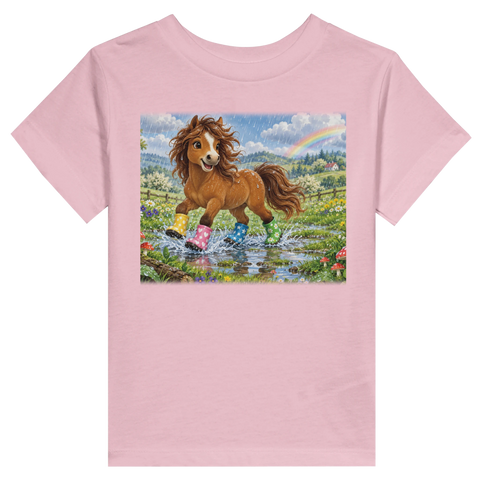 Pony mit Gummistiefeln im Regen – Kleinkind-T-Shirt