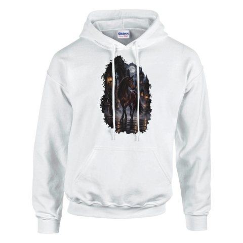 Dunkelbraunes Pferd im gotischen Burghof – Hoodie