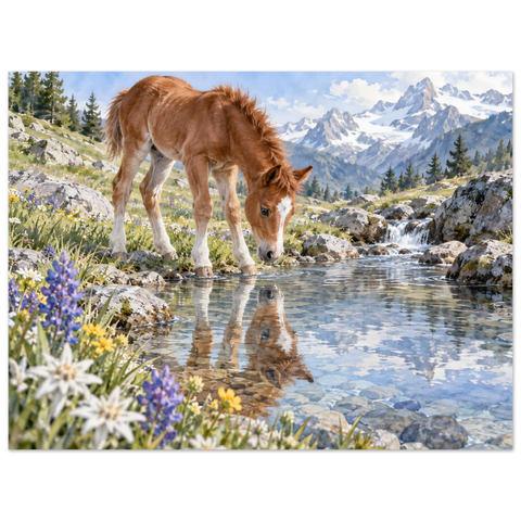 Fohlen am Bergbach – Forex-Bild 60×80 cm