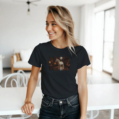 Pferd in der Bibliothek – Damen-T-Shirt