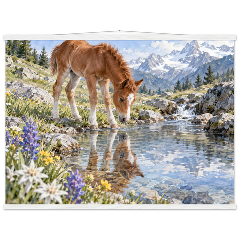 Fohlen am Bergbach – Poster mit Leisten 75×100 cm