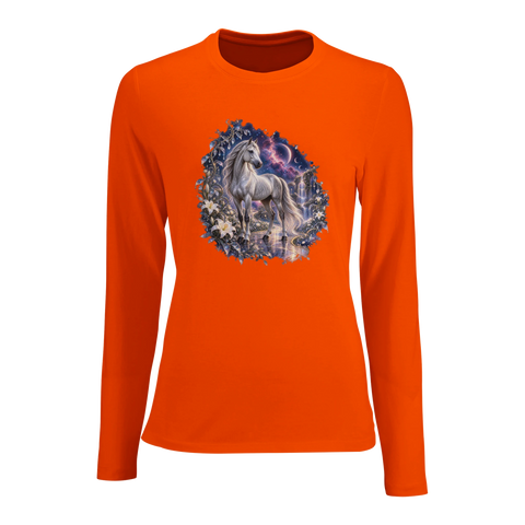 Silberpferd im kosmischen Liliengarten – Damen-Langarmshirt