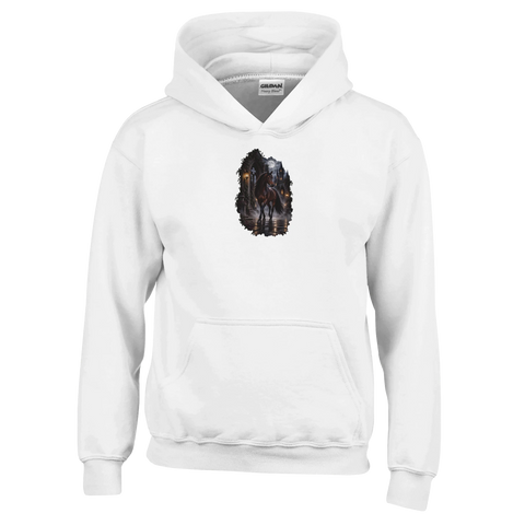 Dunkelbraunes Pferd im gotischen Burghof – Kinder-Hoodie
