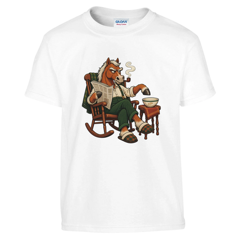 Grummeliges Pferd im Schaukelstuhl – Kinder-T-Shirt