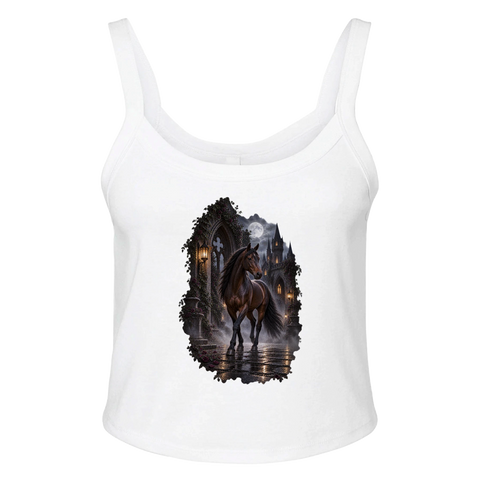 Dunkelbraunes Pferd im gotischen Burghof – Ripp-Tank-Top