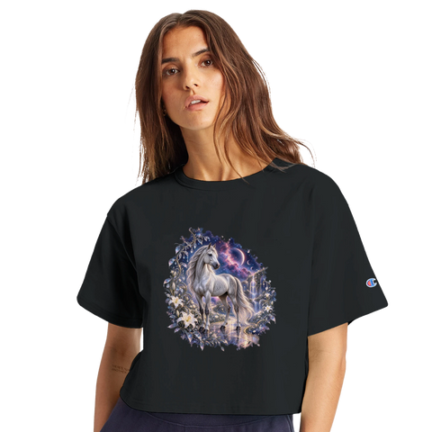 Silberpferd im kosmischen Liliengarten – Crop-Top