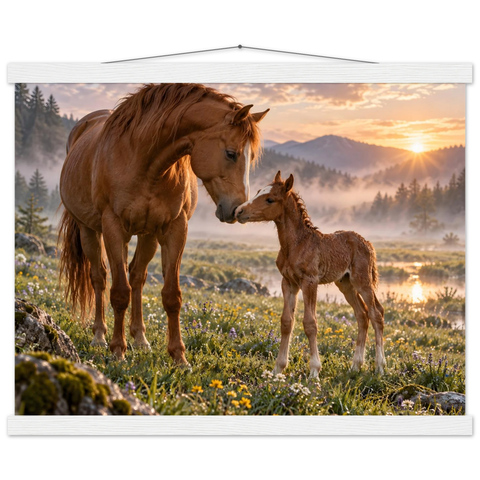 Stute und Fohlen im Morgennebel – Poster mit Leisten 40×50 cm