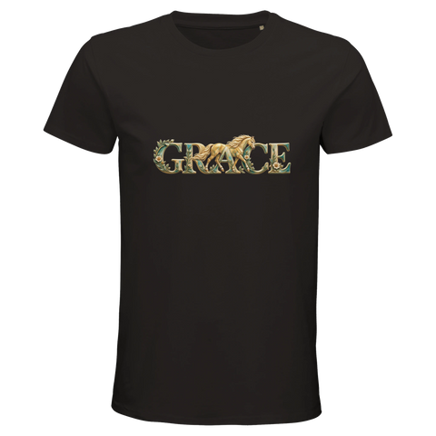 Grace – Goldenes Pferd in Türkis – Bio-T-Shirt Herren