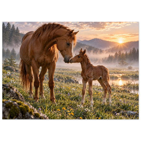 Stute und Fohlen im Morgennebel – Forex-Bild 50×70 cm