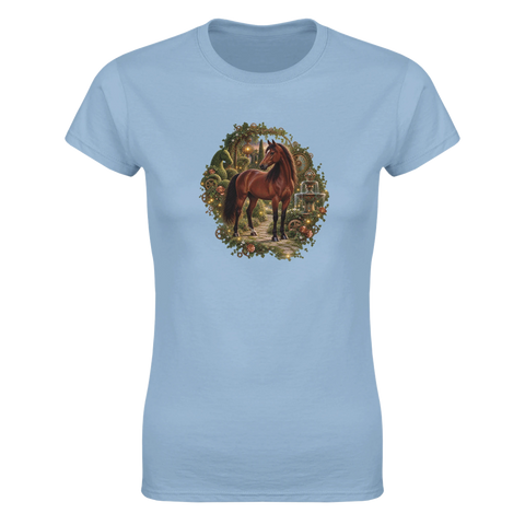 Braunes Pferd im Uhrwerkgarten – Damen-T-Shirt