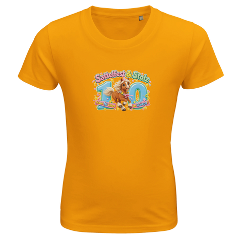 Sattelfest und Stolz (10 Jahre) – Kinder-T-Shirt Bio