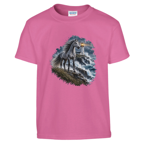Grauschimmel am Leuchtturm im Sturm – Kinder-T-Shirt