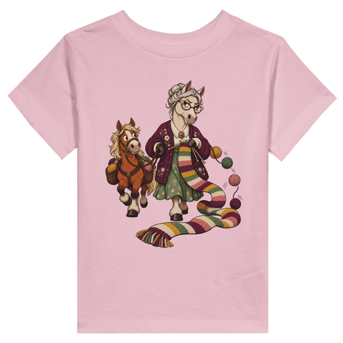 Strickende Oma-Stute mit Pony – Kleinkind-T-Shirt