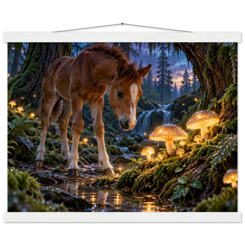 Fohlen bei den Leuchtpilzen – Poster mit Leisten 40×50 cm