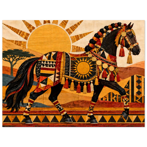 Geschmücktes Pferd im Sonnenmuster – Kunstdruck 75×100 cm