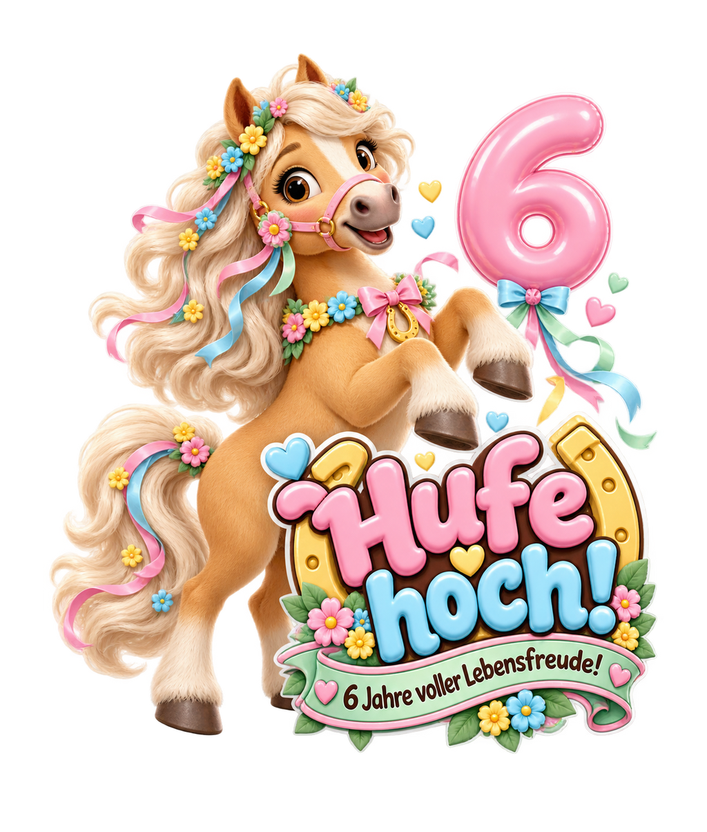 Motiv: Hufe hoch! (6 Jahre) – Kinder-Hoodie – KI-gestaltetes Pferdemotiv