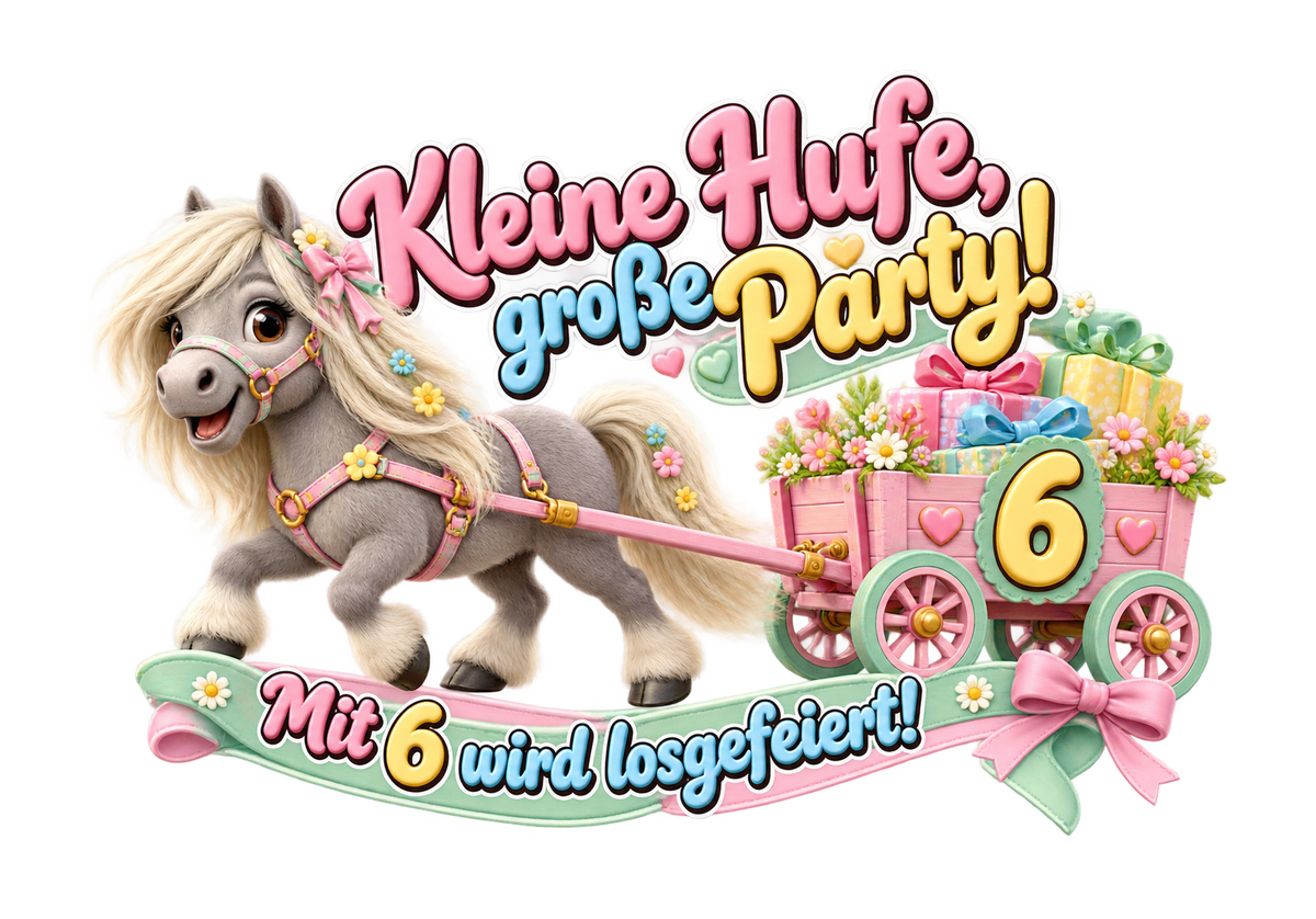 Motiv: Kleine Hufe, große Party! (6 Jahre) – Kinder-T-Shirt – KI-gestaltetes Pferdemotiv
